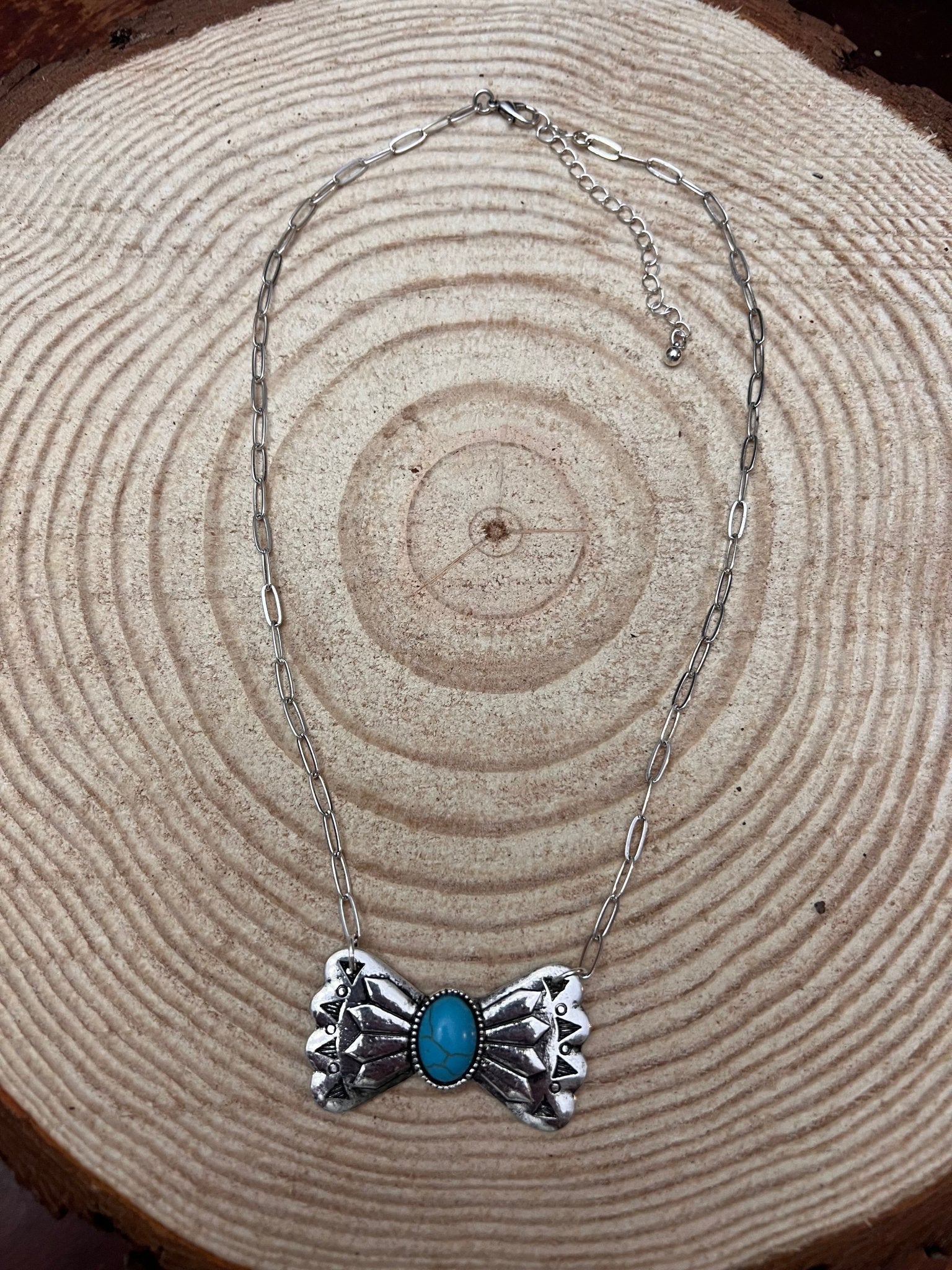 Western Bowtie and Faux Turquoise Necklace - 18 inch + 3 - Cowhide and Conchos