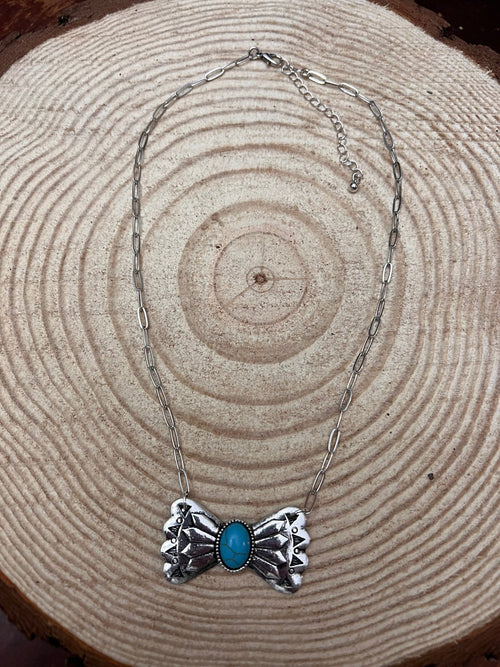 Western Bowtie and Faux Turquoise Necklace - 18 inch + 3 - Cowhide and Conchos
