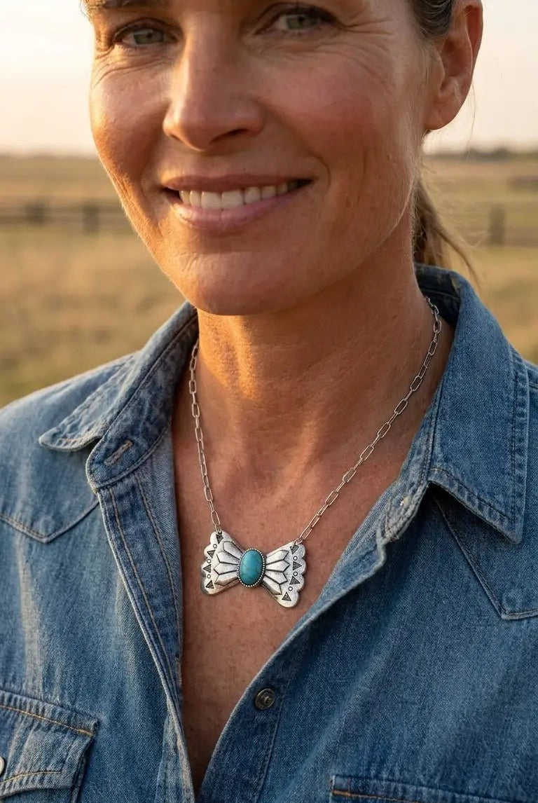 Western Bowtie & Faux Turquoise Necklace — 18 Inch with Extender - Cowhide and Conchos