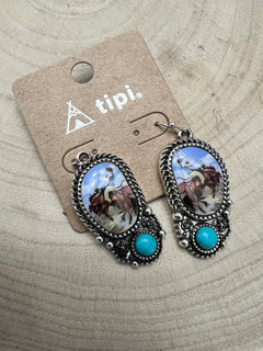 Western Bronc Print Oval and Faux Turquoise Earrings - Cowhide and Conchos