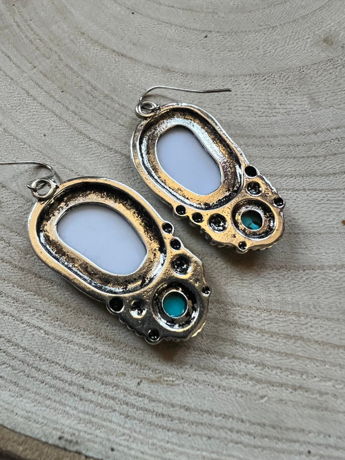 Western Bronc Print Oval and Faux Turquoise Earrings - Cowhide and Conchos