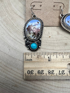 Western Bronc Print Oval and Faux Turquoise Earrings - Cowhide and Conchos