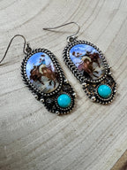 Western Bronc Print Oval and Faux Turquoise Earrings - Cowhide and Conchos