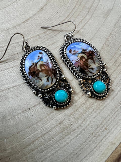 Western Bronc Print Oval and Faux Turquoise Earrings - Cowhide and Conchos