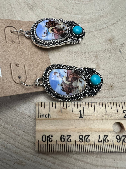 Western Bronc Print Oval and Faux Turquoise Earrings - Cowhide and Conchos