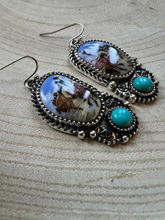 Western Bronc Print Oval and Faux Turquoise Earrings - Cowhide and Conchos