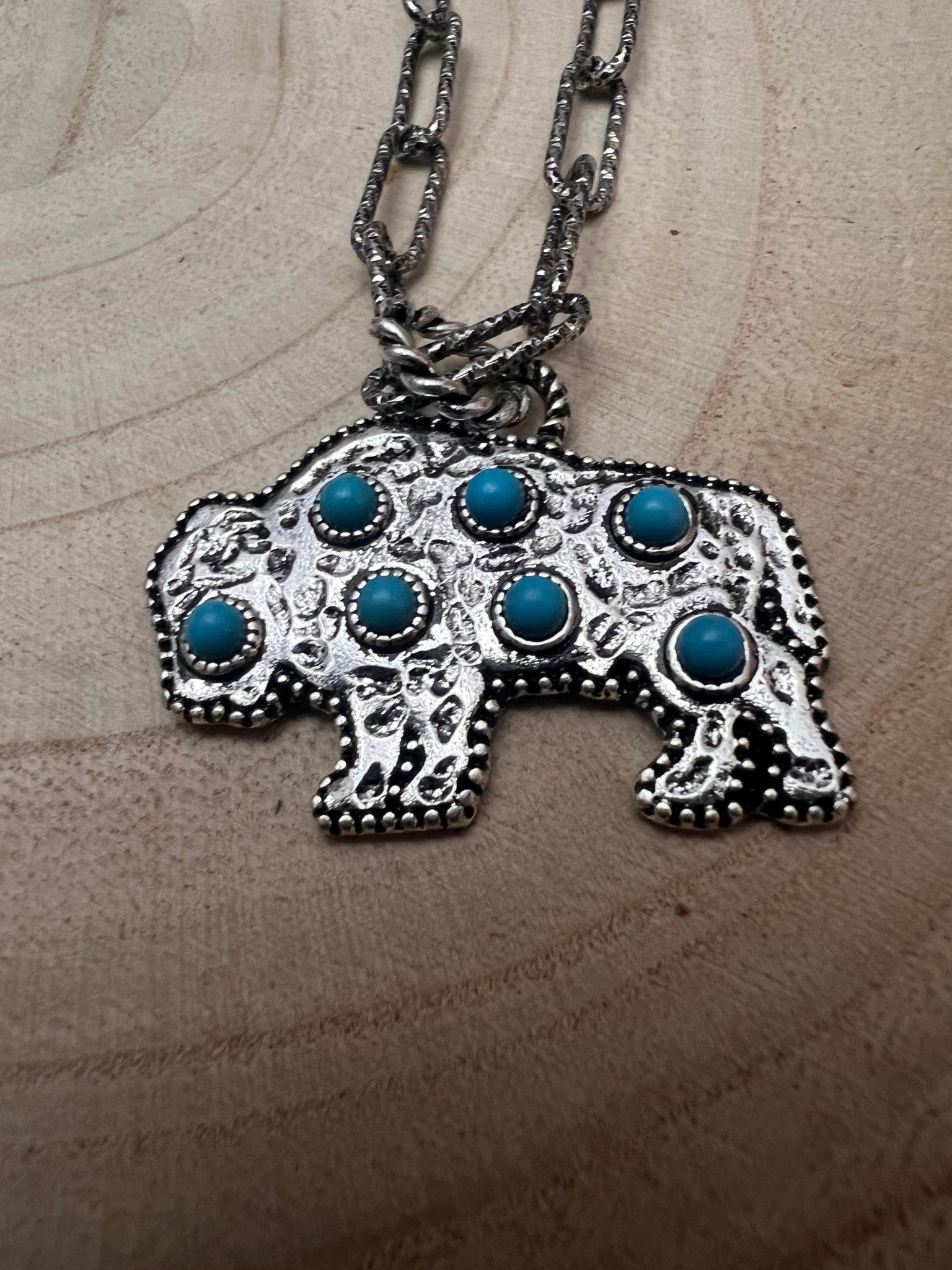 Western Buffalo and Faux Turquoise Necklace - 18 inch + 3 - Cowhide and Conchos