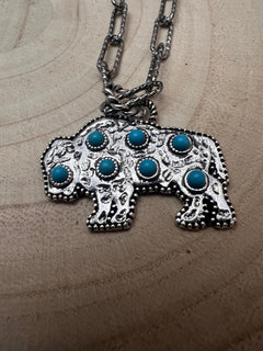 Western Buffalo and Faux Turquoise Necklace - 18 inch + 3 - Cowhide and Conchos