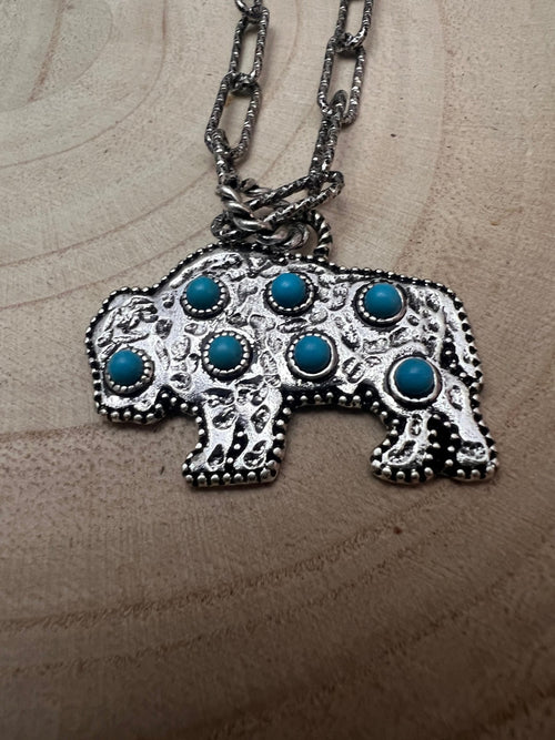 Western Buffalo and Faux Turquoise Necklace - 18 inch + 3 - Cowhide and Conchos