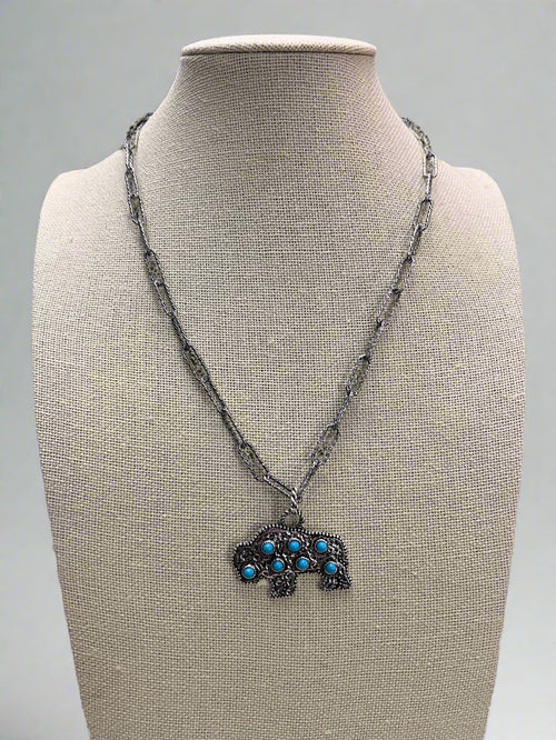 Western Buffalo and Faux Turquoise Necklace - 18 inch + 3 - Cowhide and Conchos