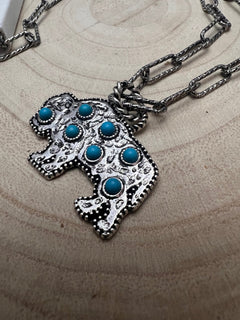 Western Buffalo and Faux Turquoise Necklace - 18 inch + 3 - Cowhide and Conchos