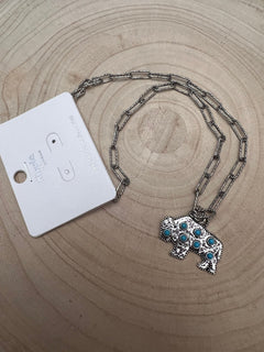 Western Buffalo and Faux Turquoise Necklace - 18 inch + 3 - Cowhide and Conchos