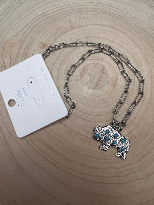 Western Buffalo and Faux Turquoise Necklace - 18 inch + 3 - Cowhide and Conchos