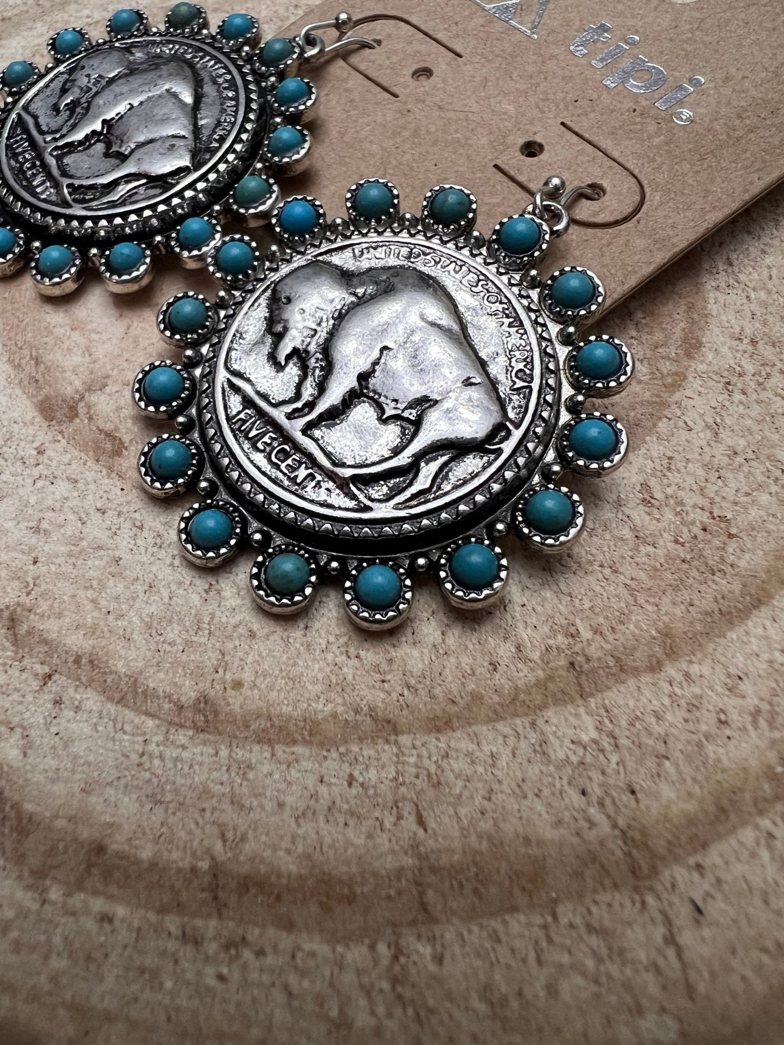 Western Buffalo Coin and Faux Turquoise Dangle Earrings - Cowhide and Conchos