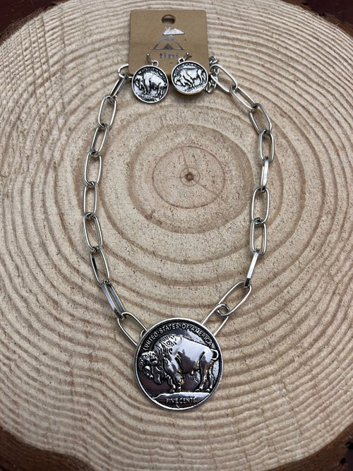 Western Buffalo Coin Choker & Earring Set - 14 inch + 3 - Cowhide and Conchos