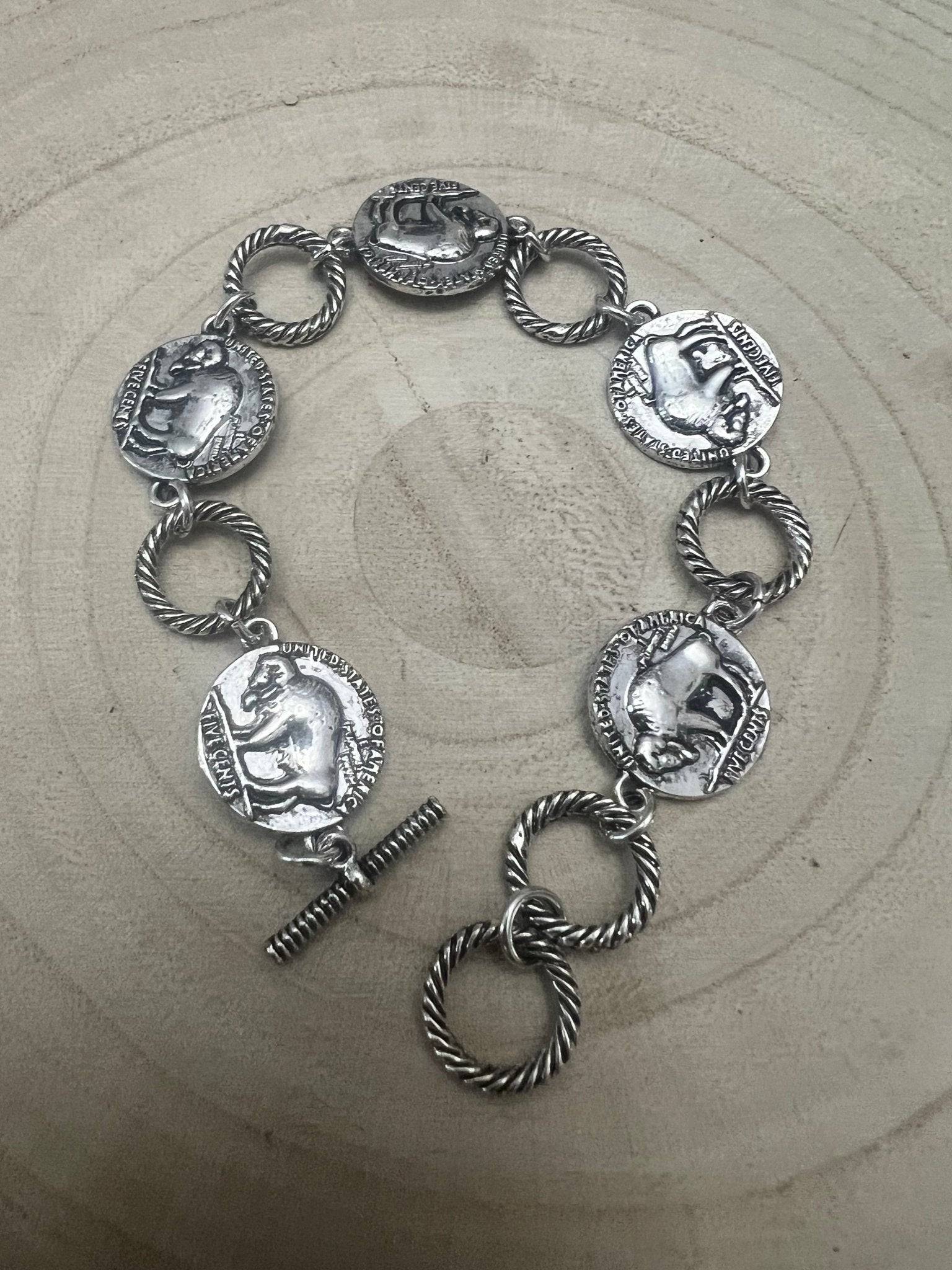 Western Buffalo Coin Toggle Bracelet - Cowhide and Conchos