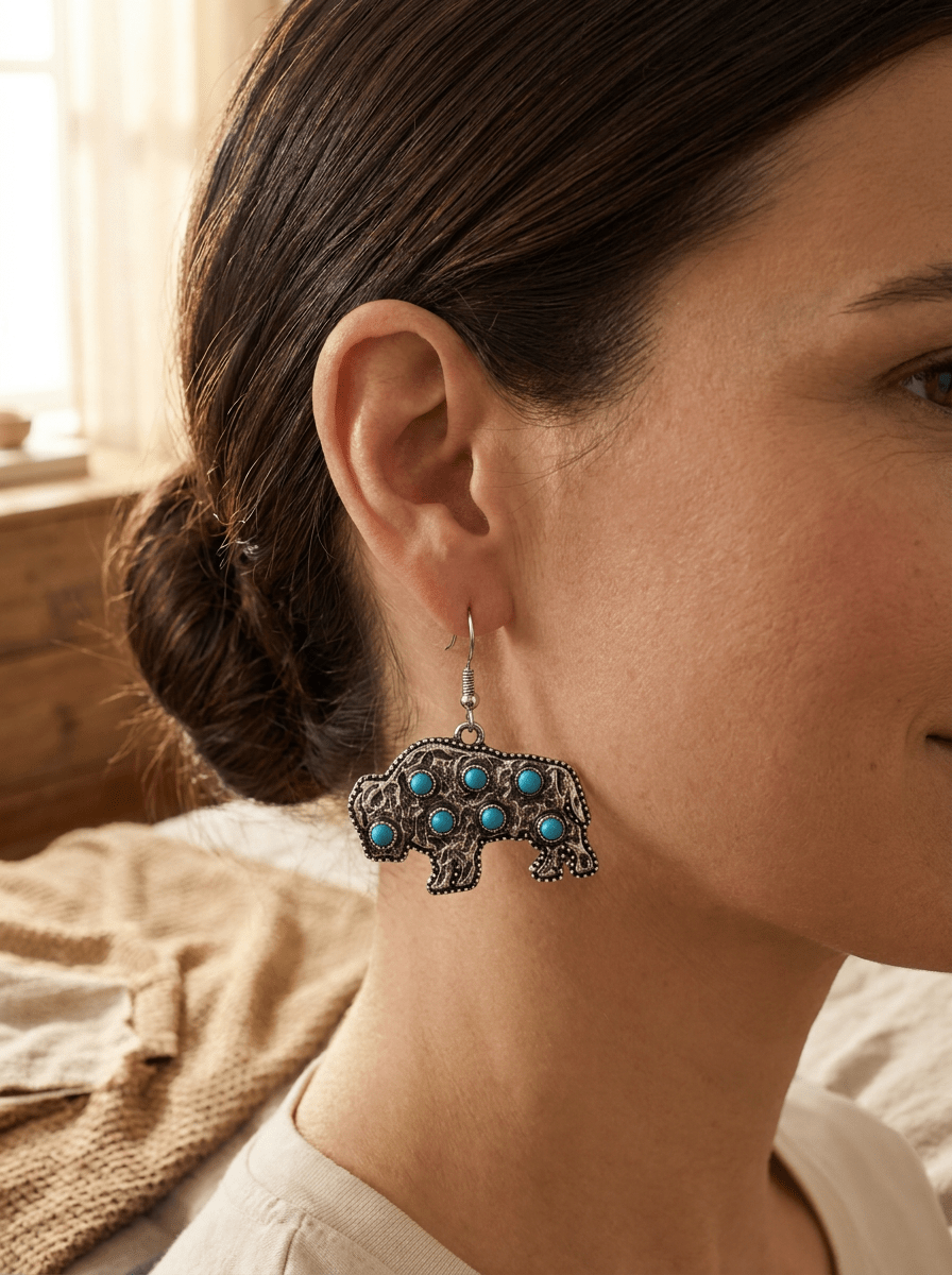 Western Buffalo Faux White Buffalo Stone Dangle Earrings — 1½" Drop - Cowhide and Conchos