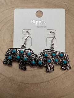 Western Buffalo Stone Dangle Earrings - Cowhide and Conchos