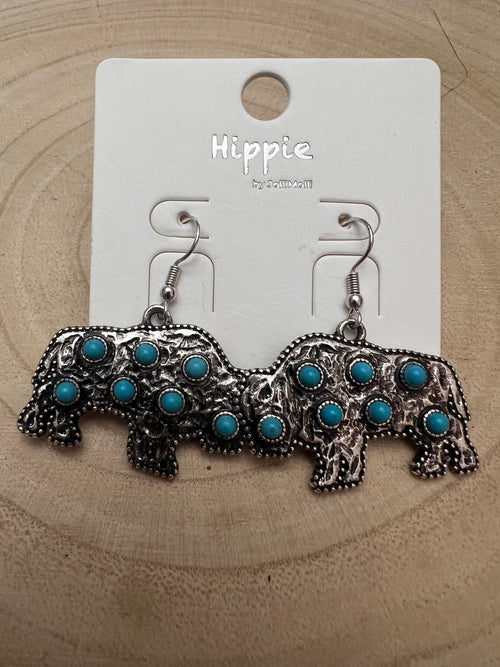 Western Buffalo Stone Dangle Earrings - Cowhide and Conchos