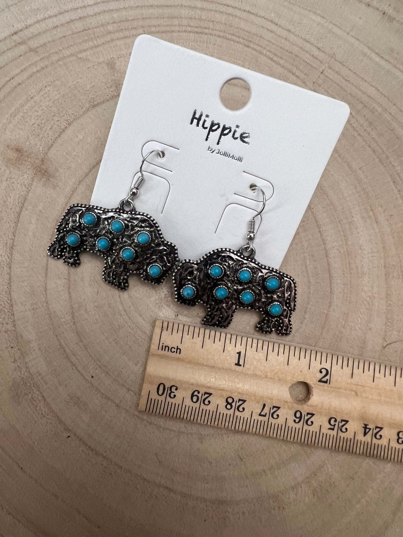 Western Buffalo Stone Dangle Earrings - Cowhide and Conchos