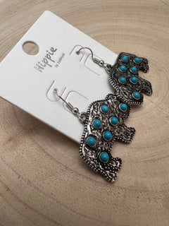 Western Buffalo Stone Dangle Earrings - Cowhide and Conchos