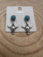 Western Bull Skull Dangle Earrings with Faux Turquoise - 1 1/2 inch drop - Cowhide and Conchos