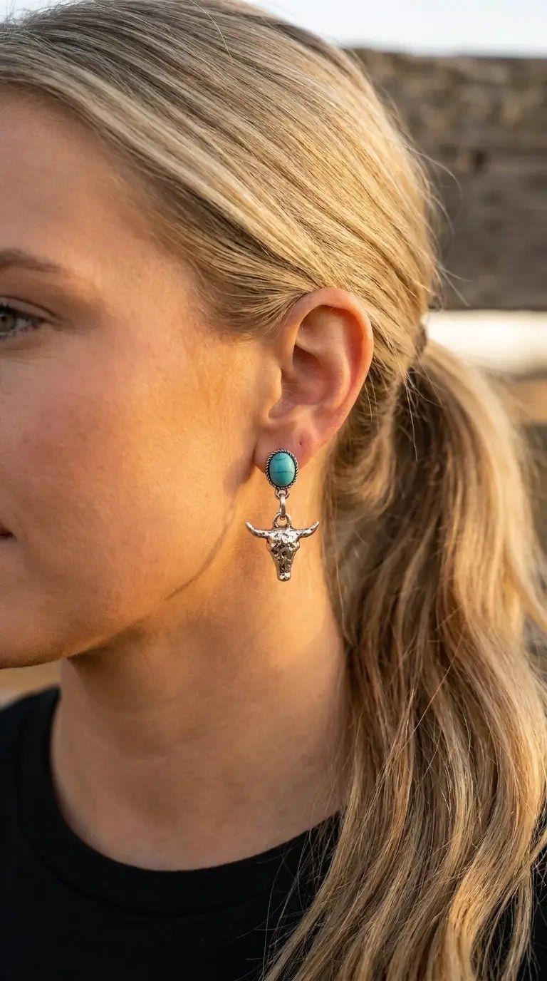 Western Bull Skull Dangle Earrings with Faux Turquoise — 1½" Drop - Cowhide and Conchos