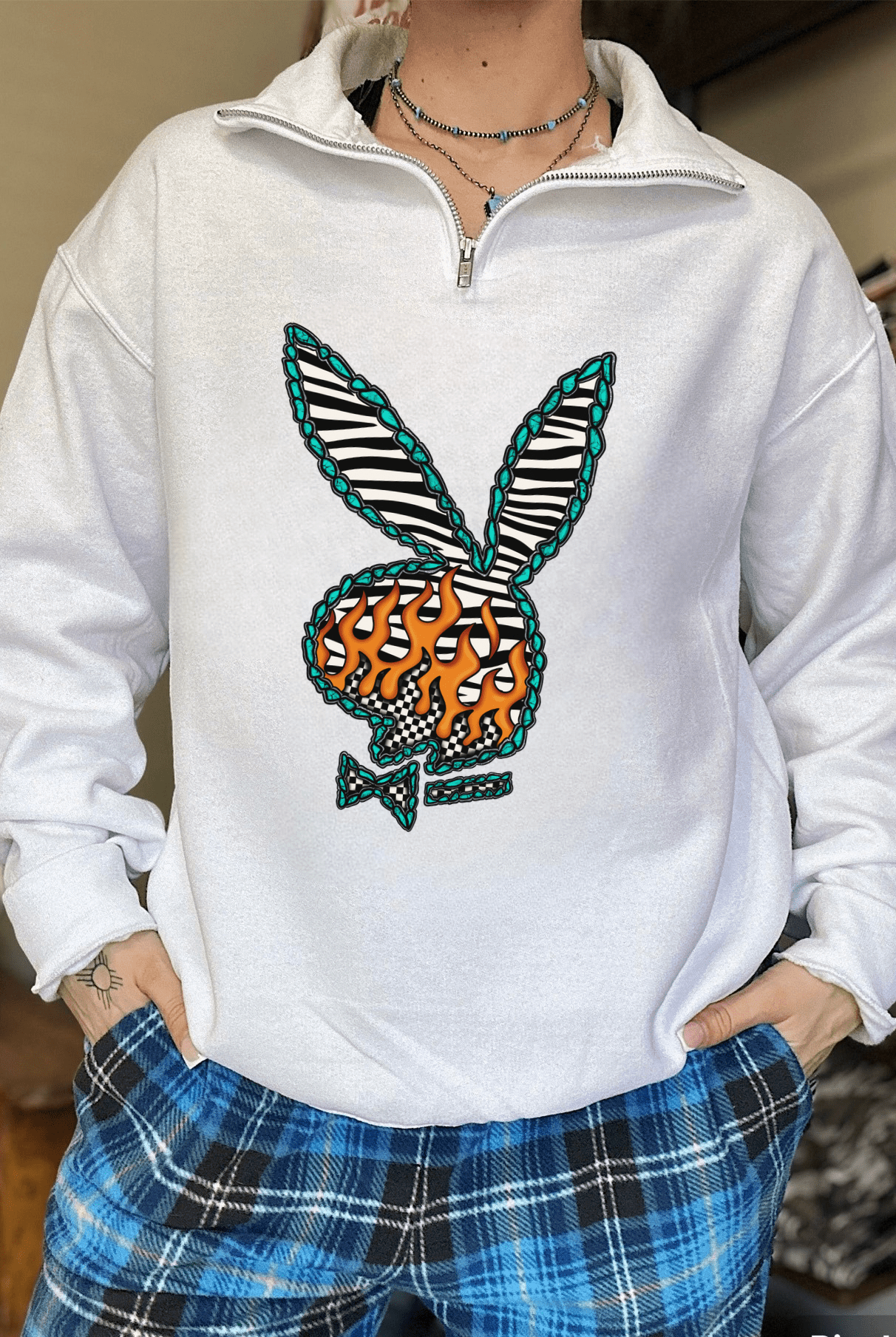 Western Bunny Quarter Zip - Cowhide and Conchos
