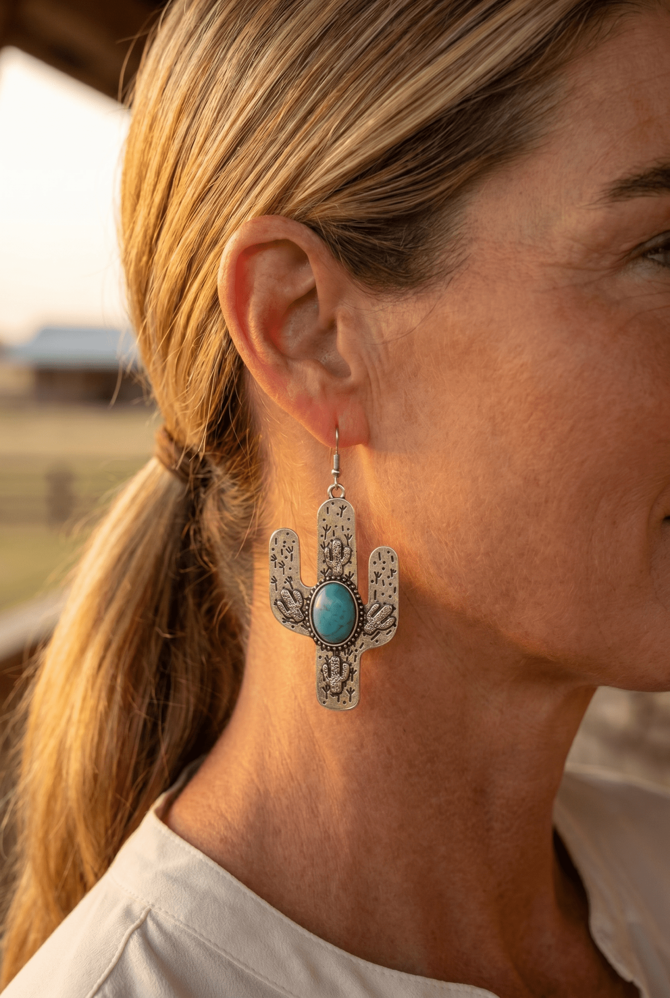 Western Cactus Dangle Earrings with Faux Turquoise — 2½" Drop - Cowhide and Conchos