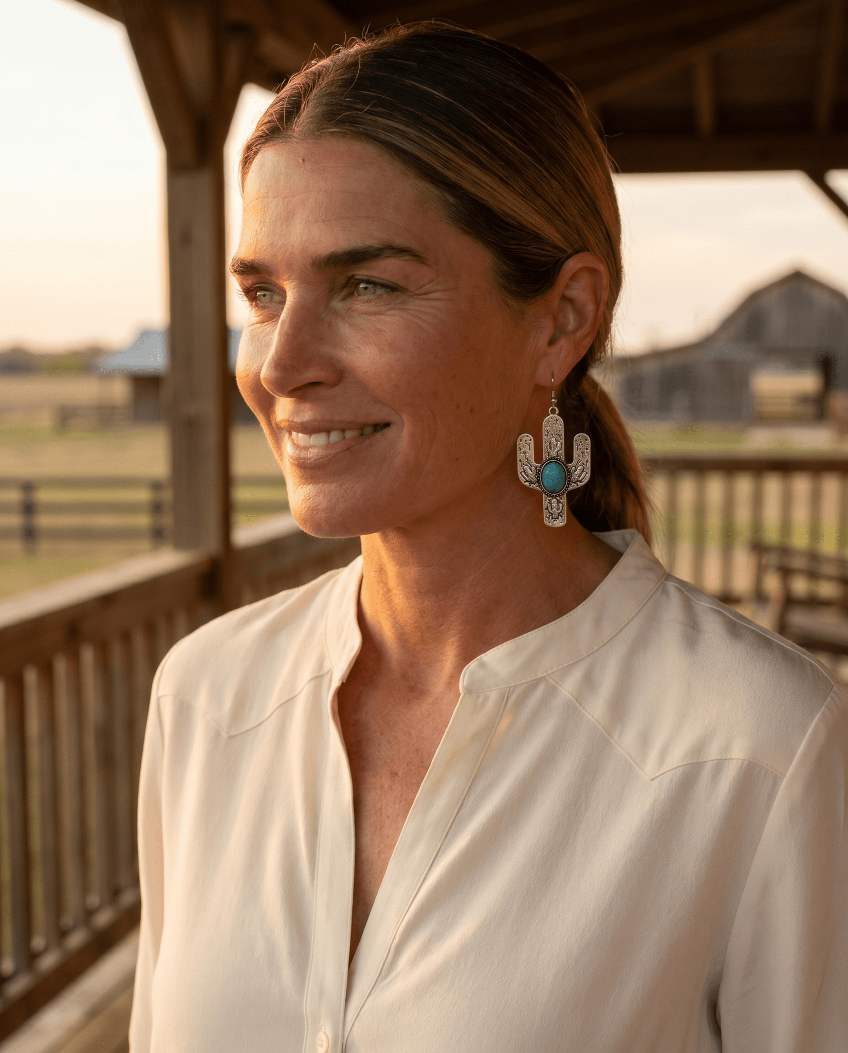 Western Cactus Dangle Earrings with Faux Turquoise — 2½" Drop - Cowhide and Conchos