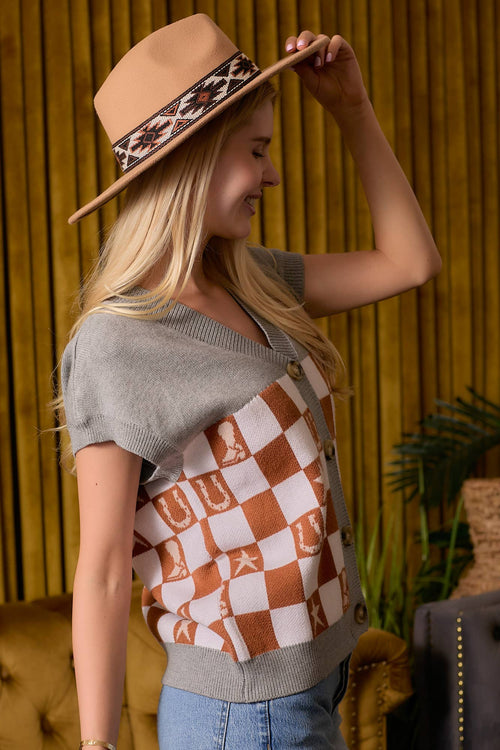 Western Checkered Sweater Vest - Cowhide and Conchos