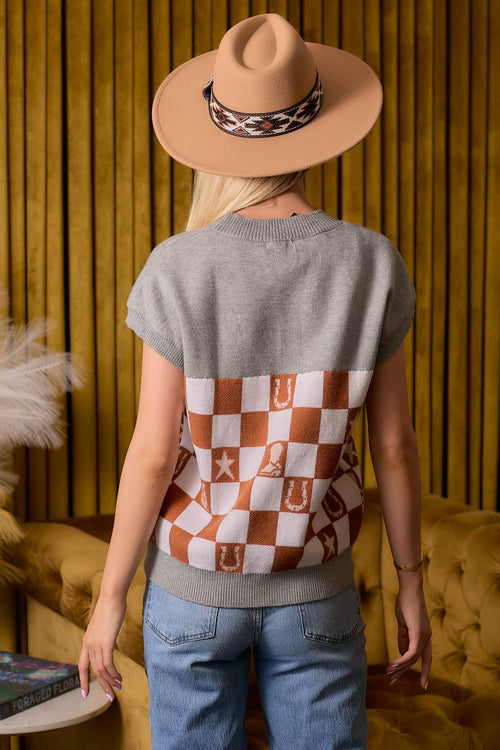 Western Checkered Sweater Vest - Cowhide and Conchos
