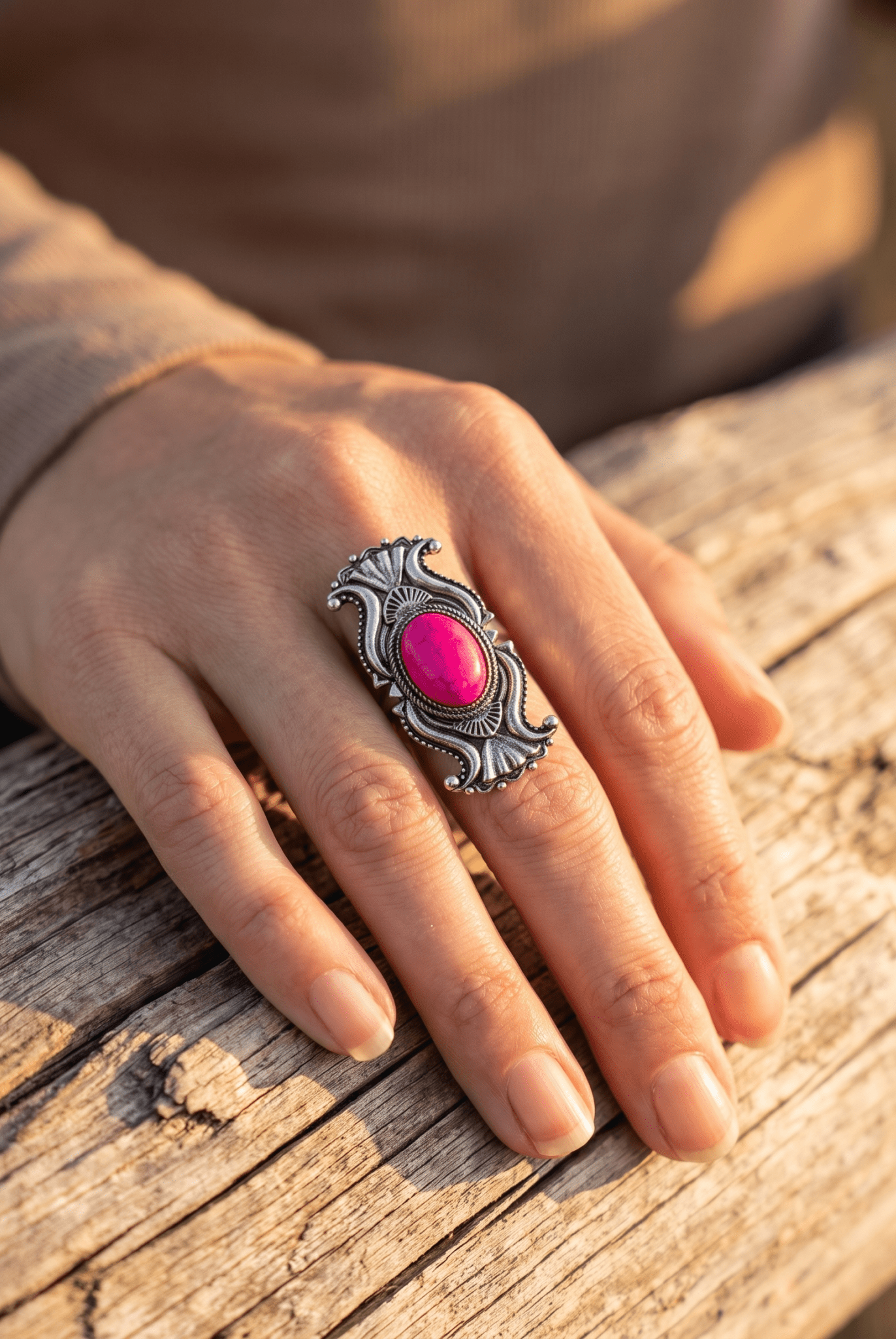 Western Concho Adjustable Ring with Faux Pink Stone — Everyday Southwestern Hand Statement - Cowhide and Conchos