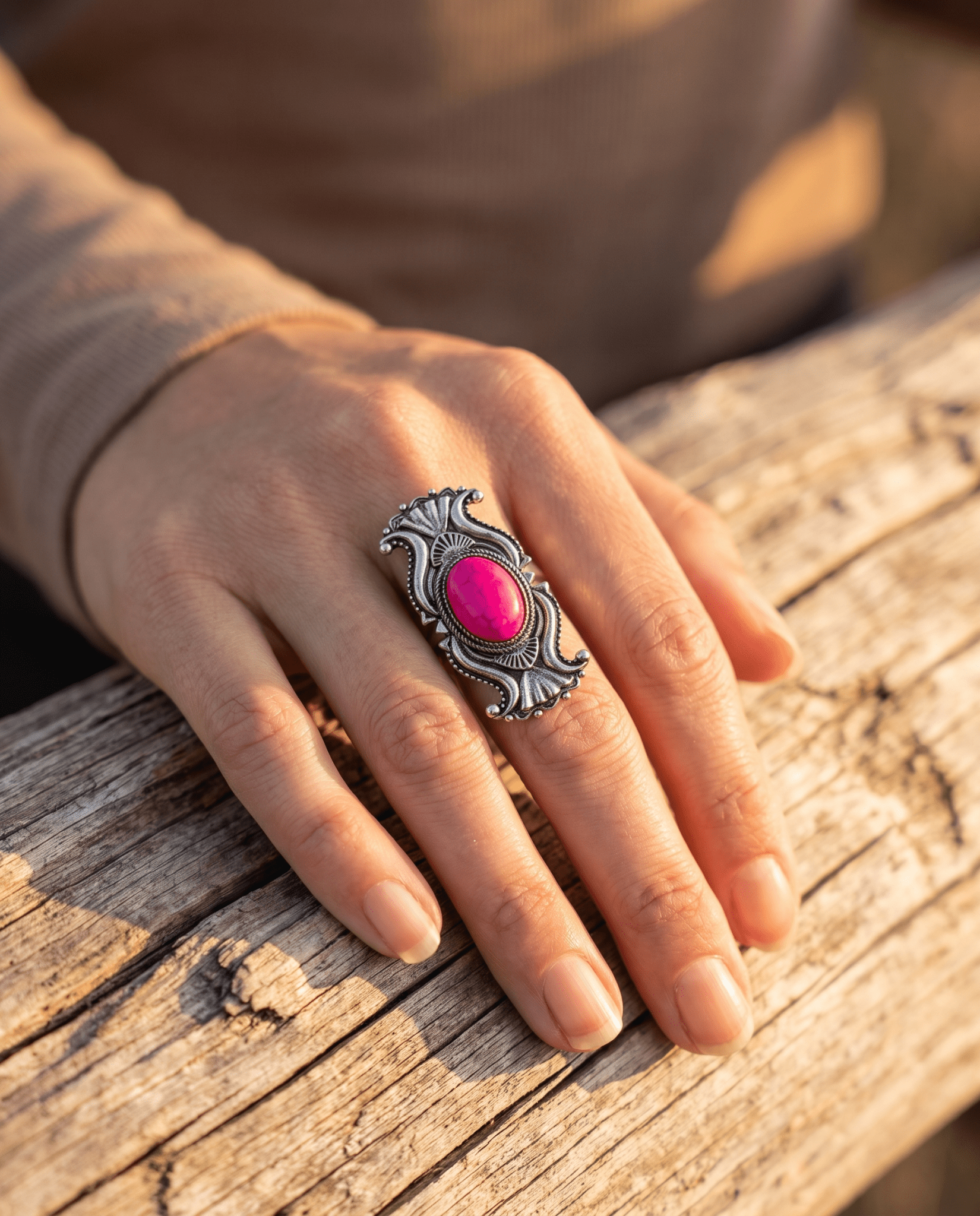 Western Concho Adjustable Ring with Faux Pink Stone — Everyday Southwestern Hand Statement - Cowhide and Conchos