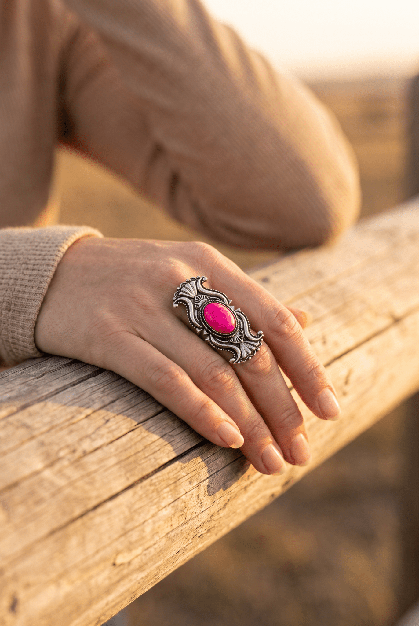 Western Concho Adjustable Ring with Faux Pink Stone — Everyday Southwestern Hand Statement - Cowhide and Conchos
