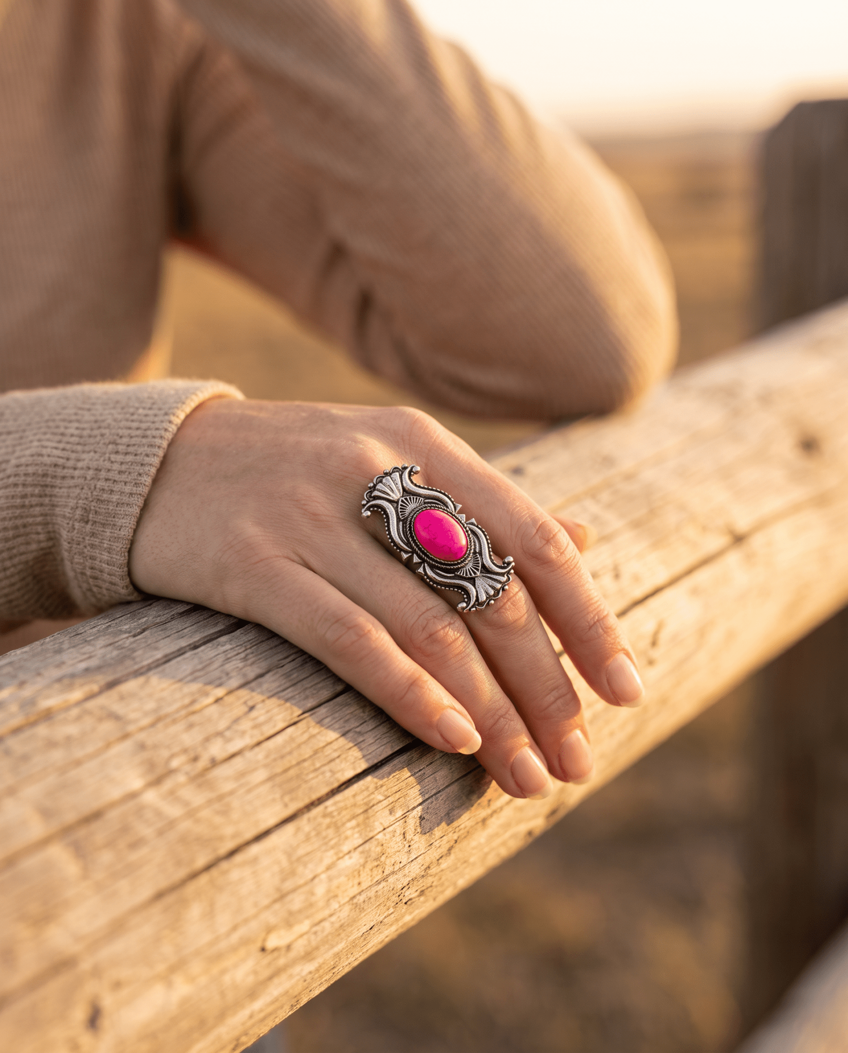 Western Concho Adjustable Ring with Faux Pink Stone — Everyday Southwestern Hand Statement - Cowhide and Conchos