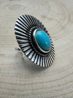 Western Concho and Faux Turquoise Adjustable Ring - Statement Size - Cowhide and Conchos