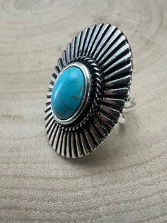 Western Concho and Faux Turquoise Adjustable Ring - Statement Size - Cowhide and Conchos
