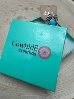 Western Concho and Faux Turquoise Adjustable Ring - Statement Size - Cowhide and Conchos