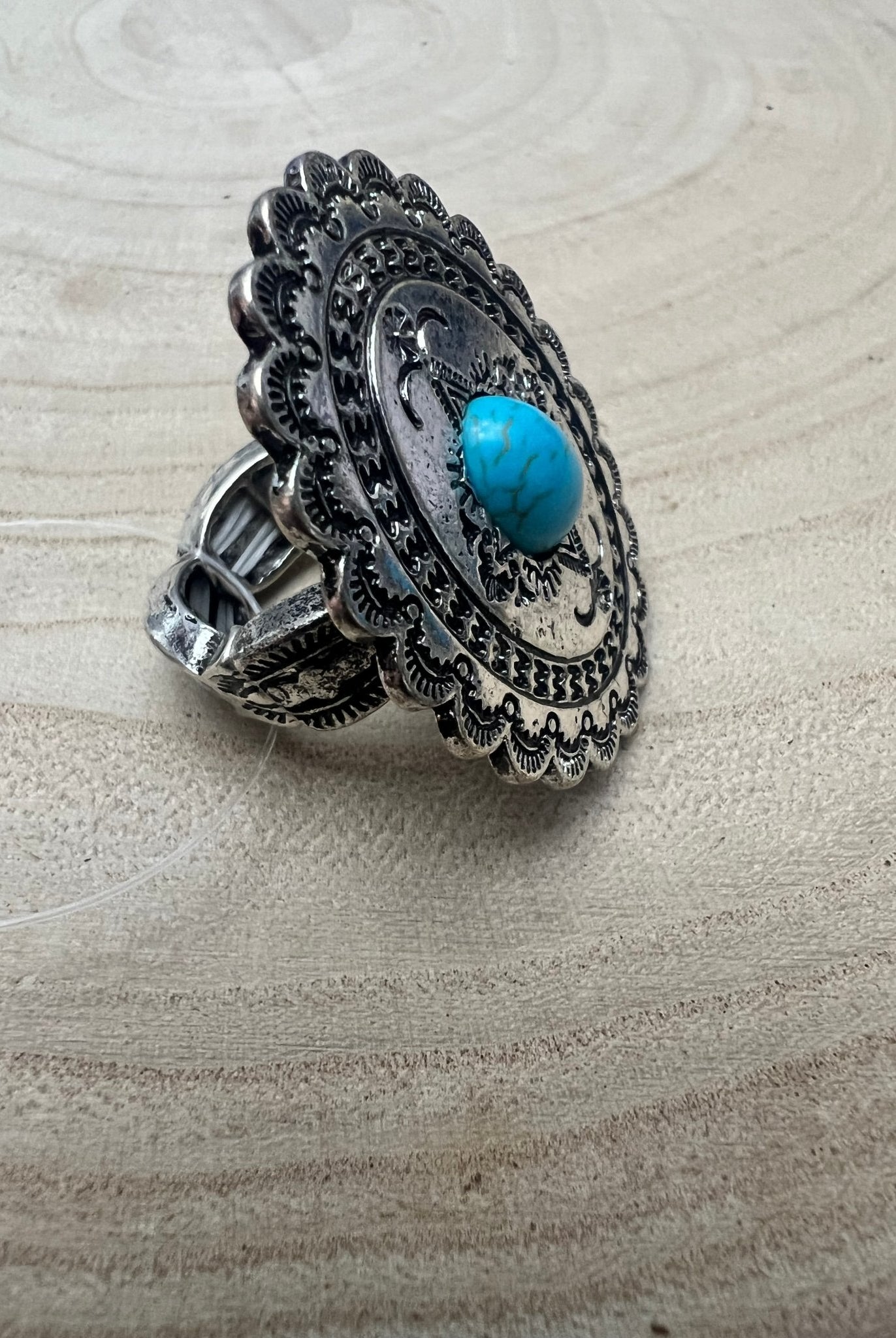 Western Concho and Faux Turquoise Stretch Ring - Statement Size - Cowhide and Conchos