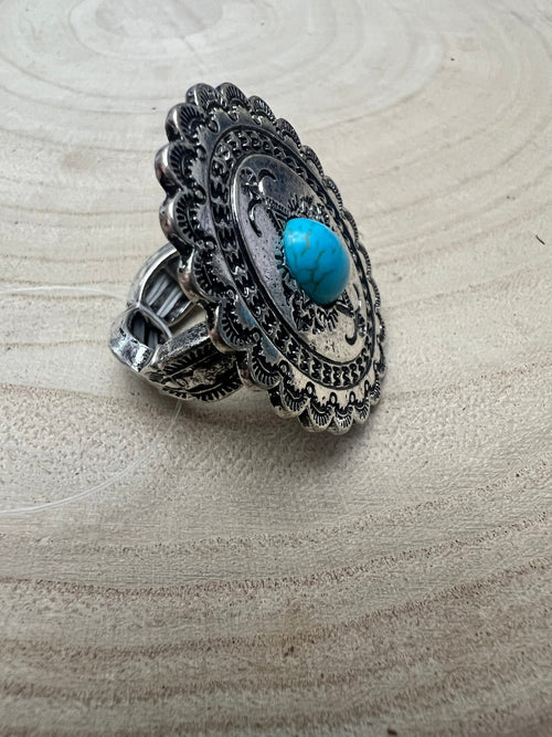 Western Concho and Faux Turquoise Stretch Ring - Statement Size - Cowhide and Conchos