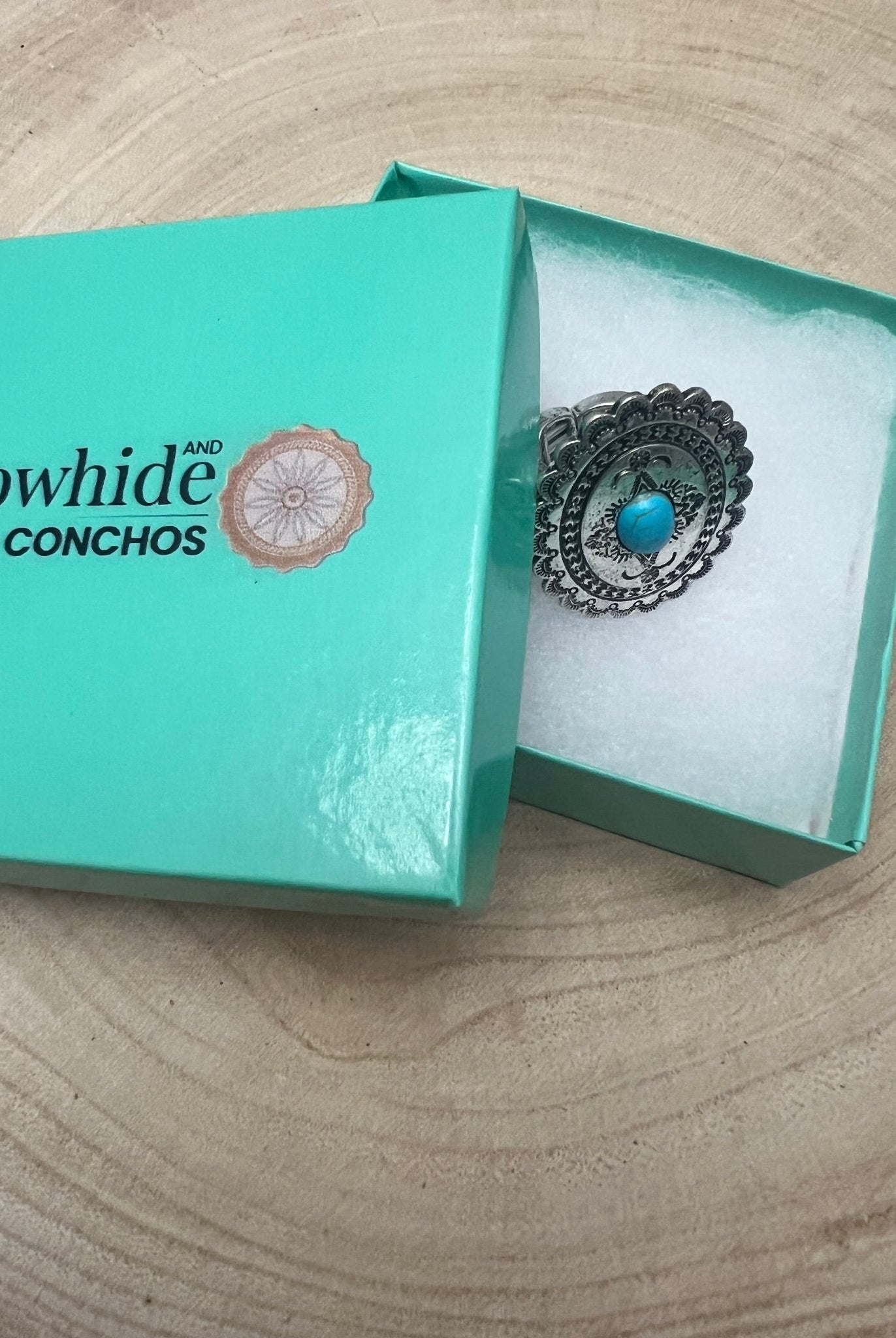 Western Concho and Faux Turquoise Stretch Ring - Statement Size - Cowhide and Conchos