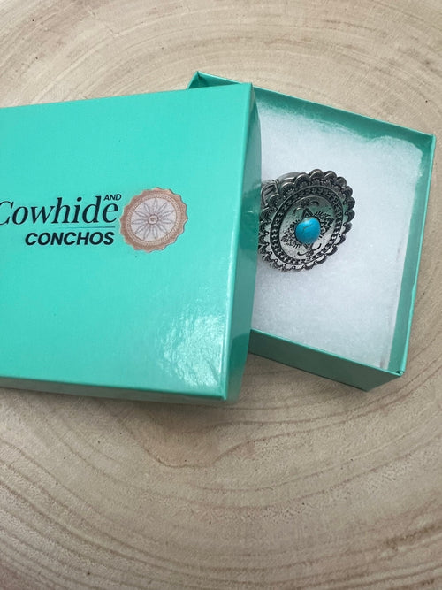 Western Concho and Faux Turquoise Stretch Ring - Statement Size - Cowhide and Conchos