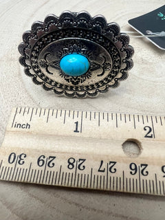 Western Concho and Faux Turquoise Stretch Ring - Statement Size - Cowhide and Conchos