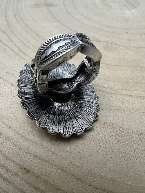 Western Concho and Faux Turquoise Stretch Ring - Statement Size - Cowhide and Conchos