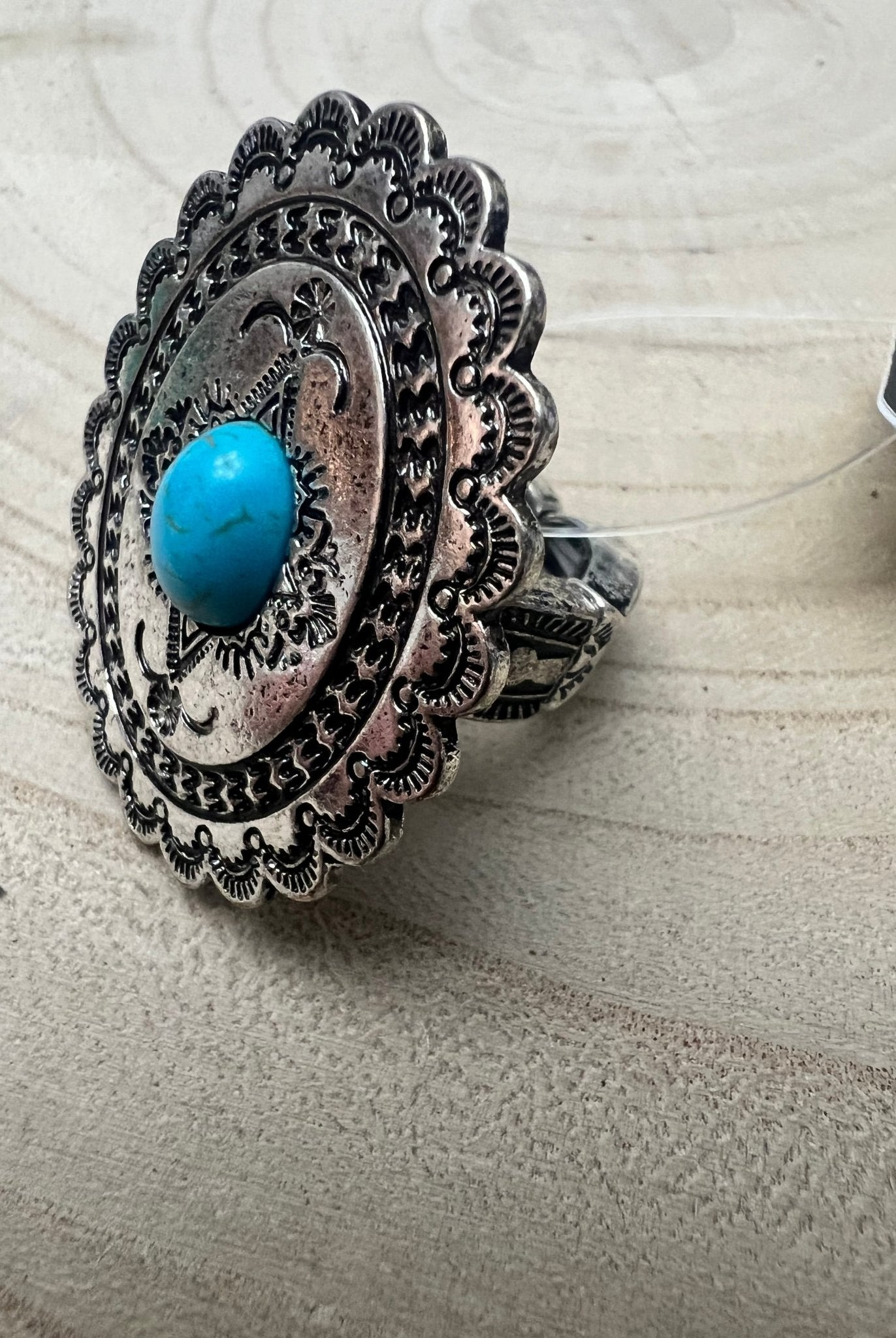 Western Concho and Faux Turquoise Stretch Ring - Statement Size - Cowhide and Conchos