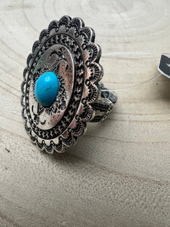 Western Concho and Faux Turquoise Stretch Ring - Statement Size - Cowhide and Conchos