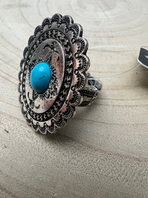 Western Concho and Faux Turquoise Stretch Ring - Statement Size - Cowhide and Conchos