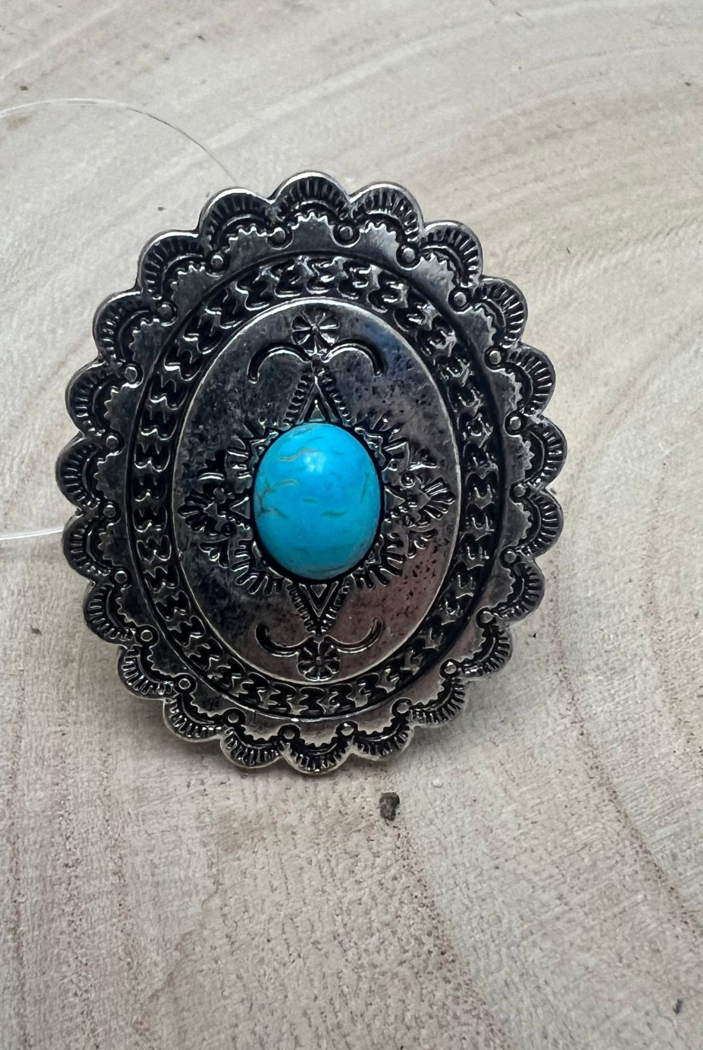 Western Concho and Faux Turquoise Stretch Ring - Statement Size - Cowhide and Conchos