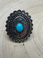 Western Concho and Faux Turquoise Stretch Ring - Statement Size - Cowhide and Conchos